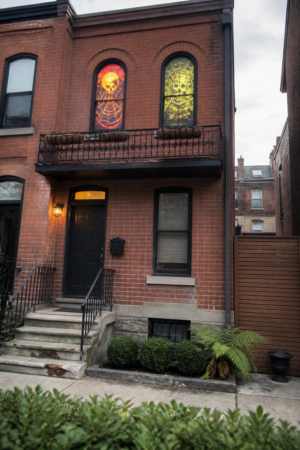 A red brick house with two arched second-floor windows displaying illuminated skull and spider web designs, a black front door, and a small balcony above the entrance.