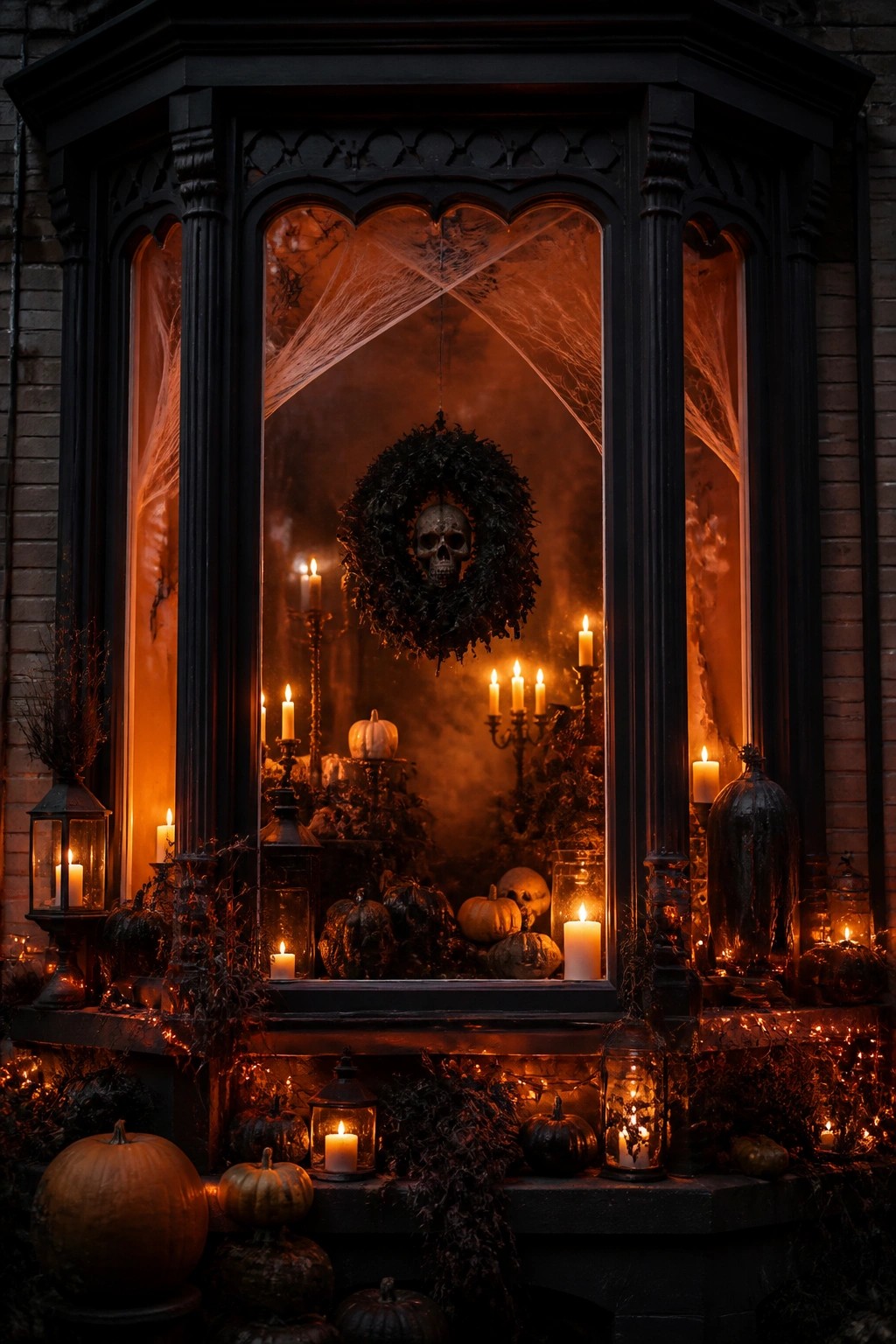 Spooky gothic window display with skull wreath, candles, pumpkins, and cobwebs.