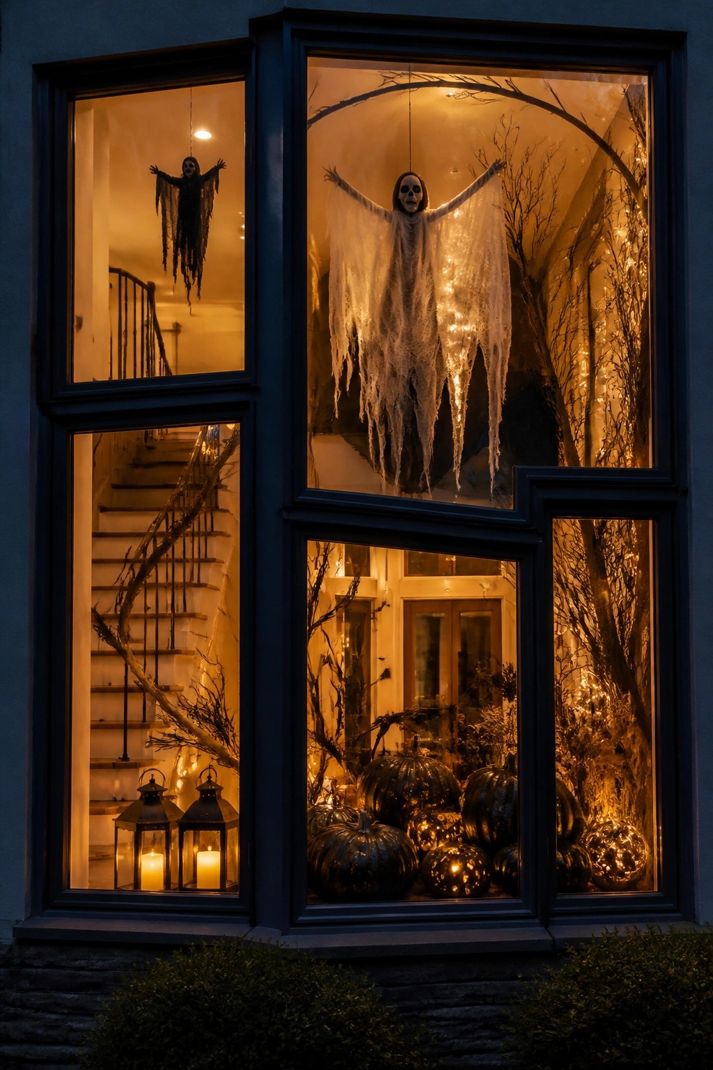 Large home window at night with two hanging ghost figures made of white tattered fabric and skulls, black branches, string lights, and black pumpkins visible inside.