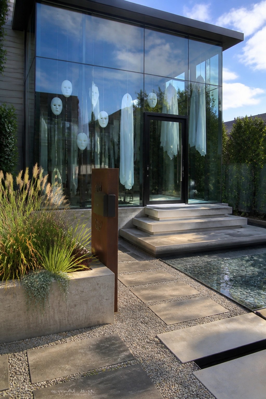 Modern glass building with hanging white masks and blue fabrics by concrete steps and pond.