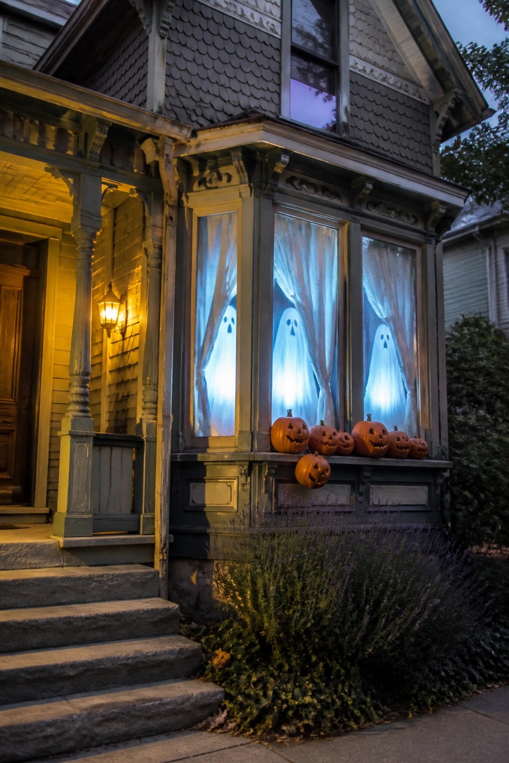 A gray house at dusk with three illuminated ghost figures visible through a bay window and carved pumpkins placed along the windowsill.