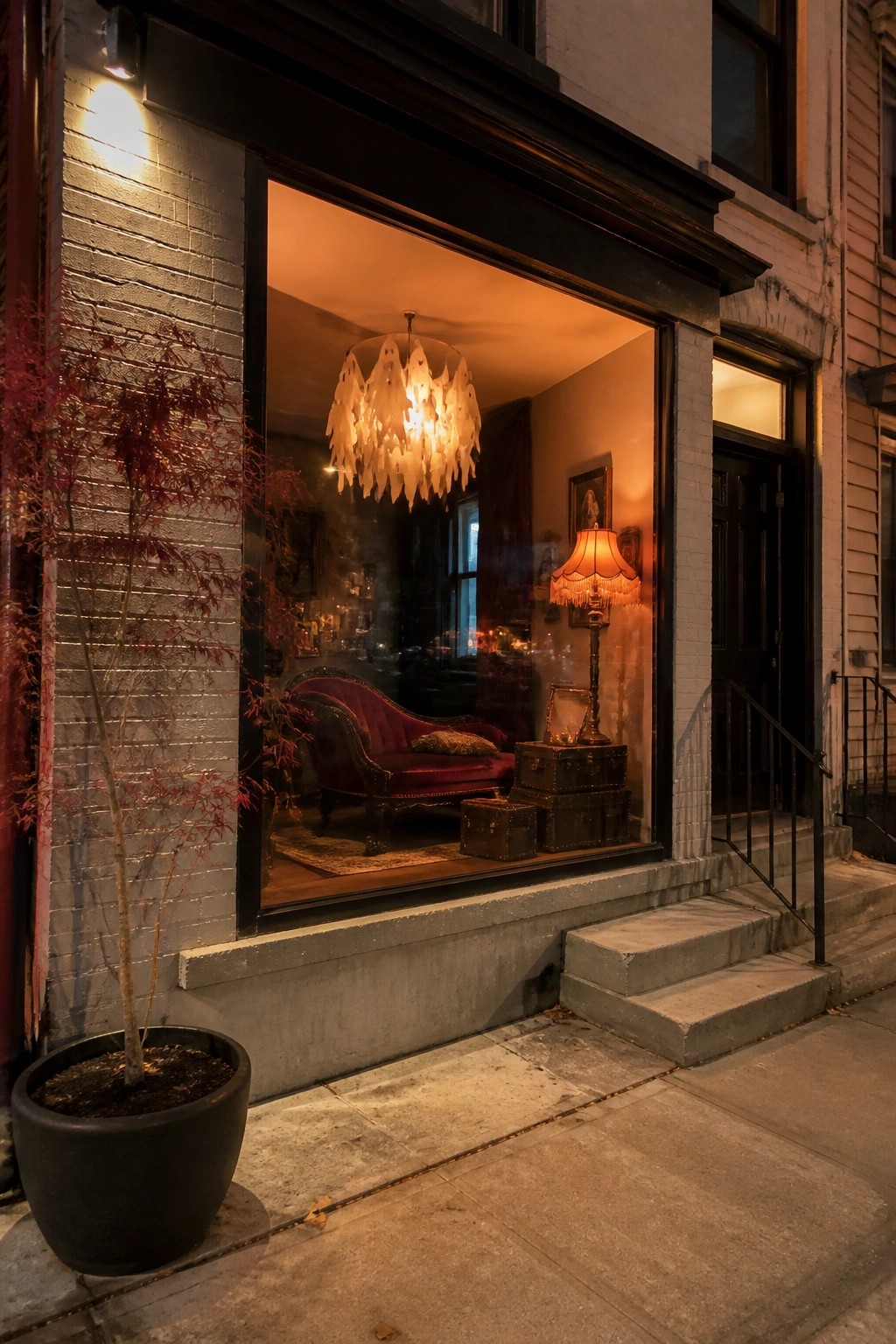 Nighttime exterior view of a building with a large window displaying a glowing ghost chandelier, red chaise, and vintage furniture inside.