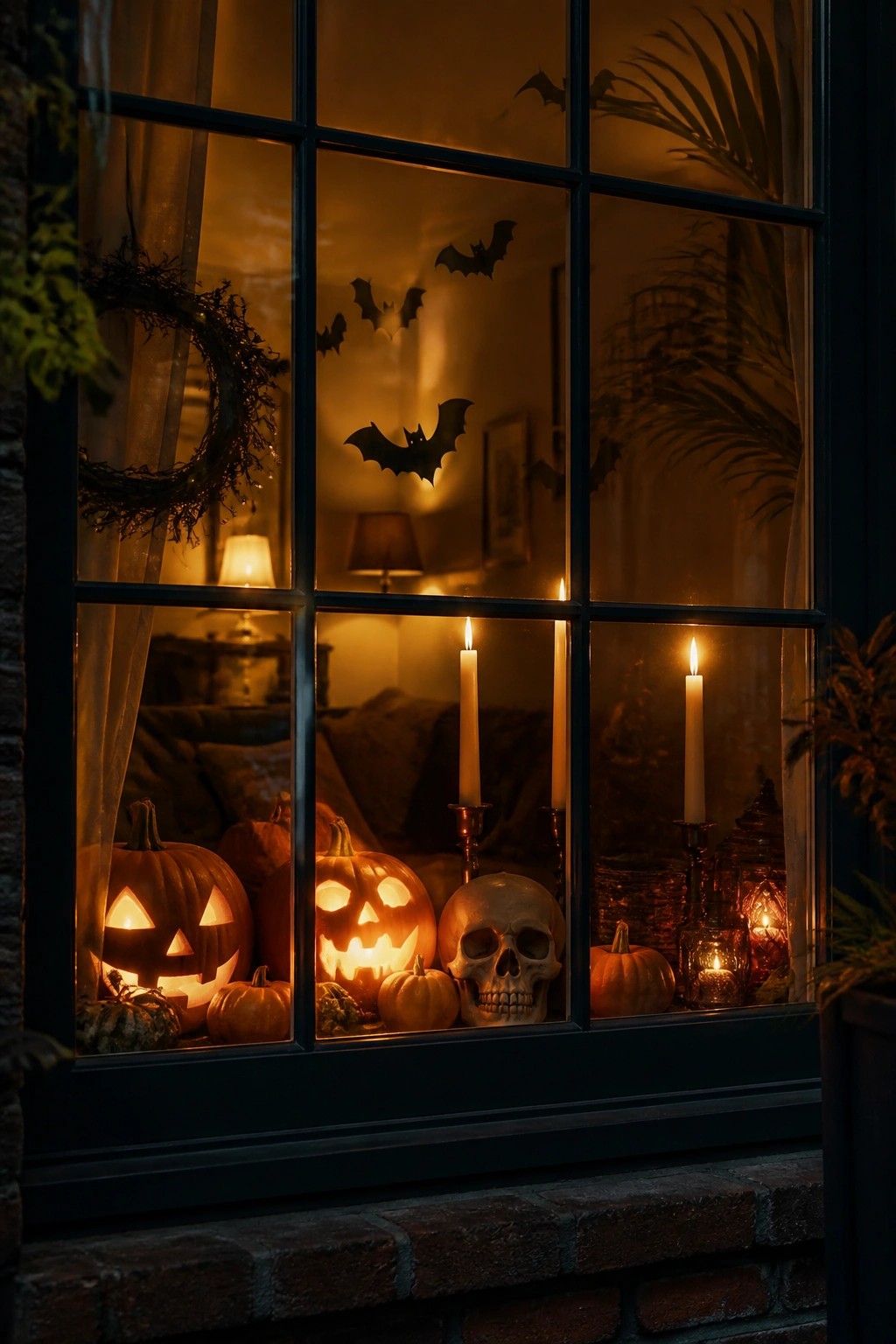 Window view showing carved jack o lanterns, a skull, and lit candles on the sill with black bat cutouts on the glass panes.