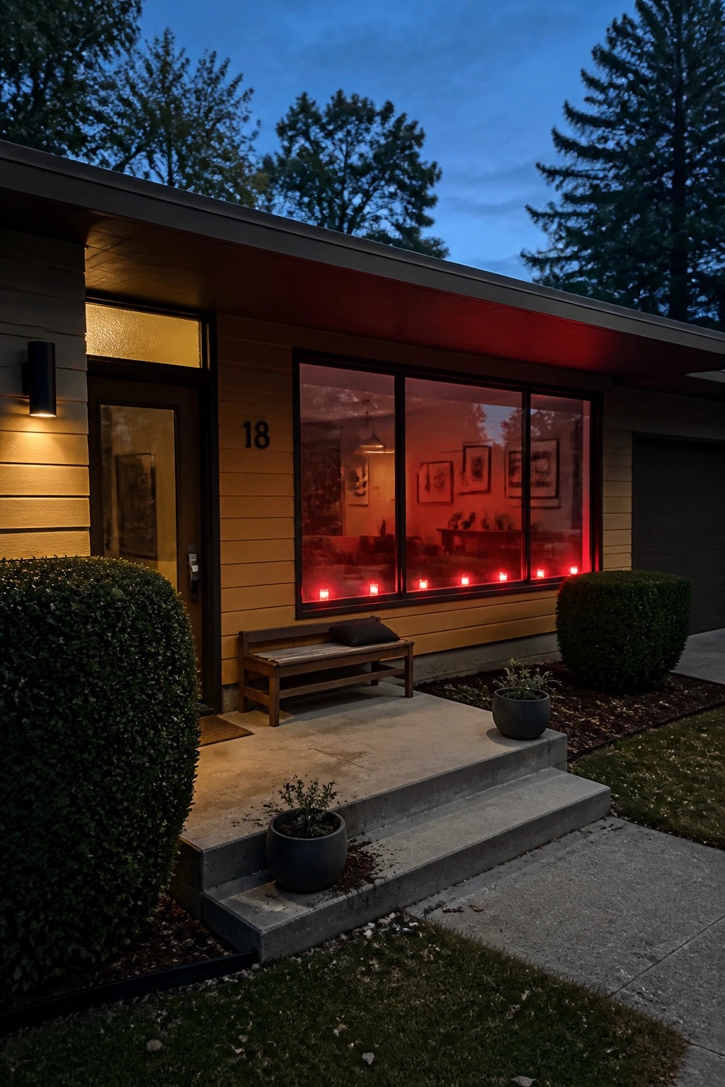 Yellow-sided home with red-lit window, wooden bench, and potted plants at dusk