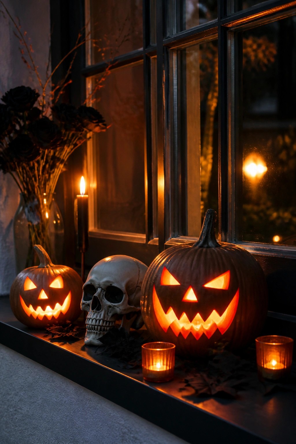 Windowsill display with two carved glowing jack o lanterns, a white skull, and several lit candles arranged in front of a dark window frame.