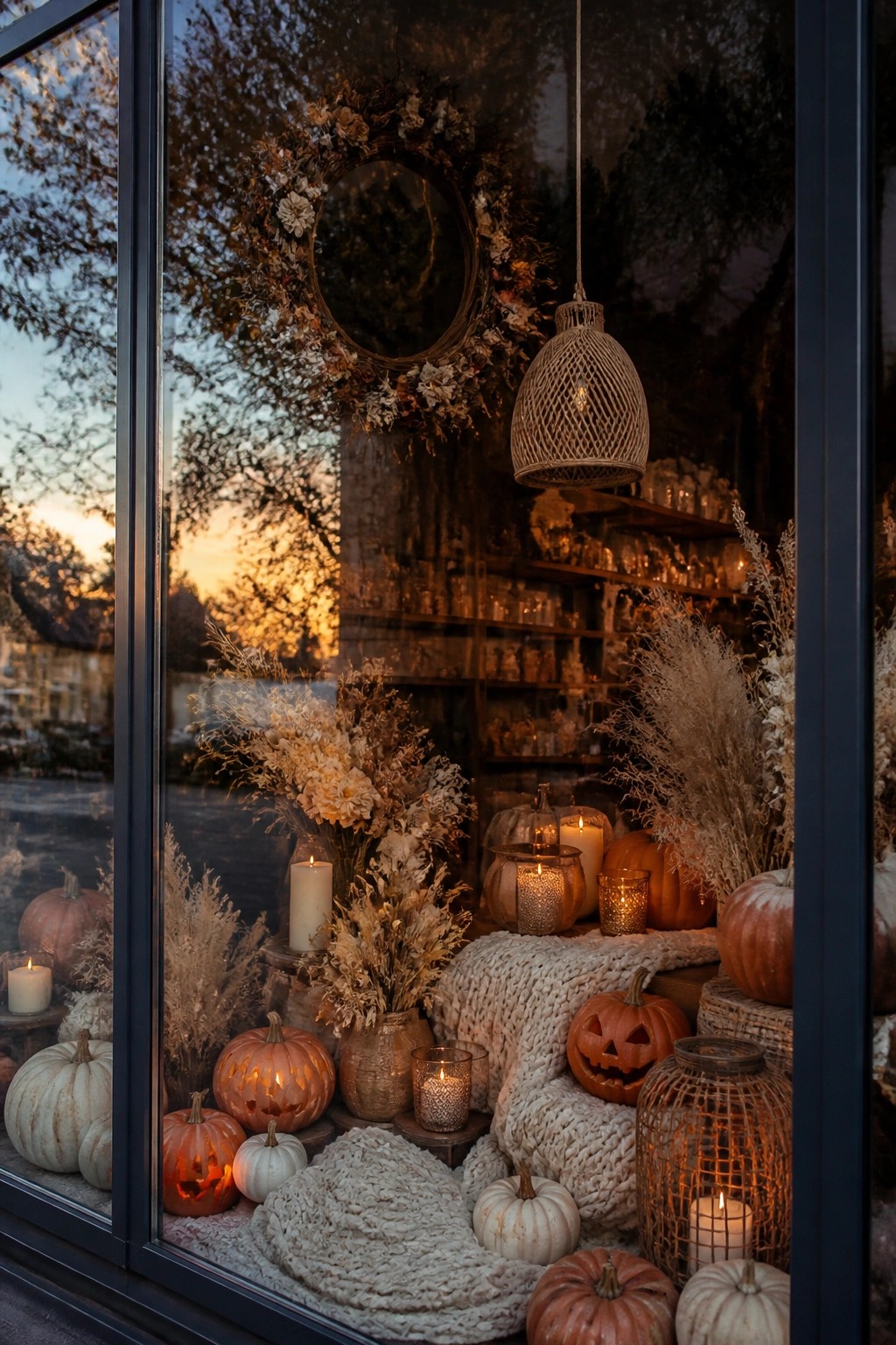 Window display filled with carved jack o lantern pumpkins, lit candles in lanterns, and dried florals arranged on a ledge.