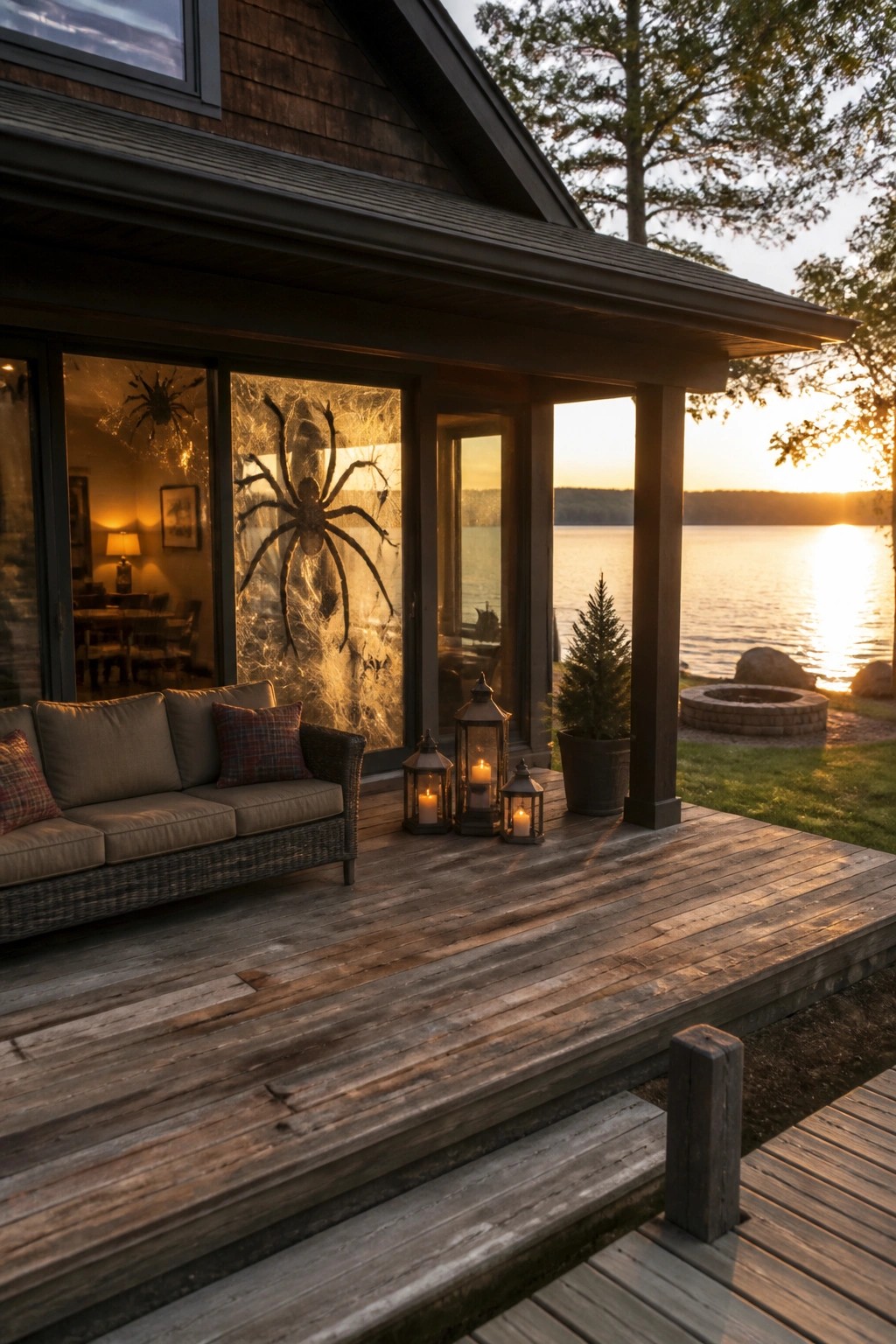 Lakeside wooden porch with Halloween spider webs, lit lanterns, and sunset over water
