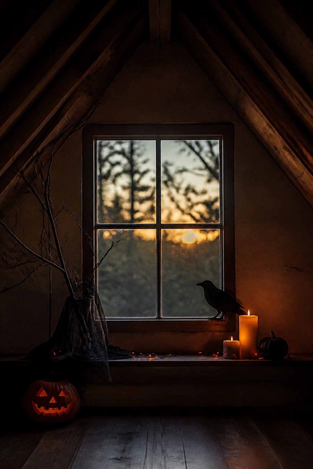 Attic window with a black crow perched on the sill, a carved jack o lantern glowing on the floor, and candles beside a small pumpkin.