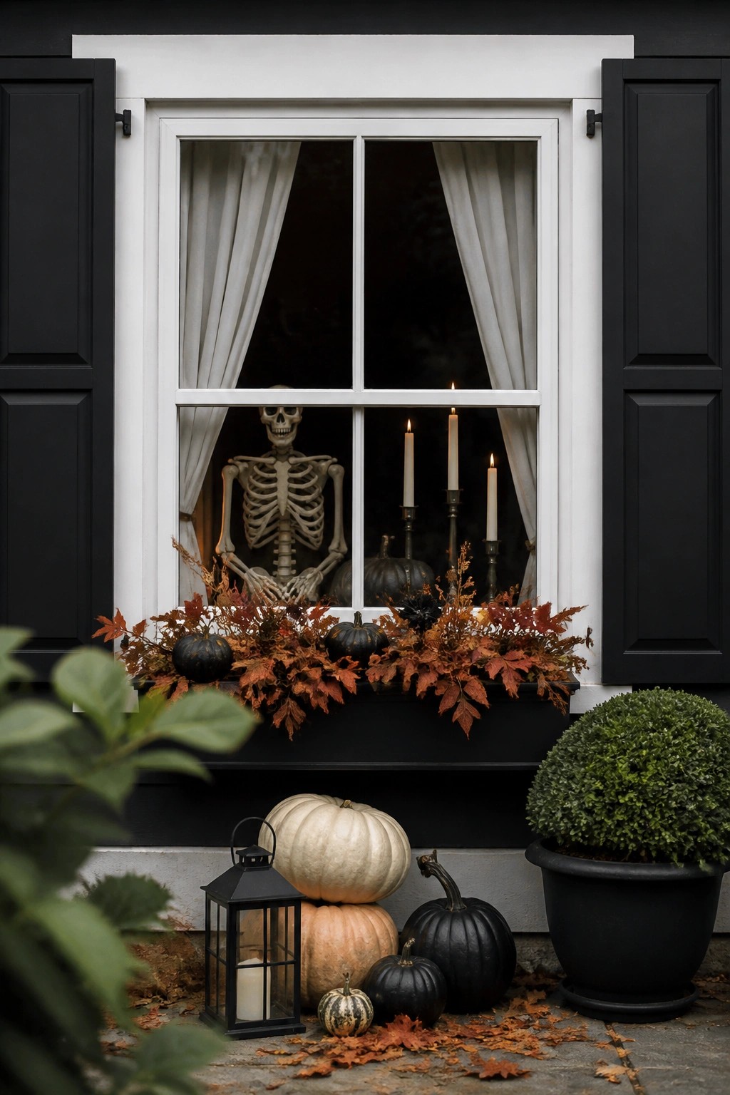 A front window showing a full skeleton seated inside with three lit candles behind it and autumn leaves plus black and white pumpkins arranged in the window box below.