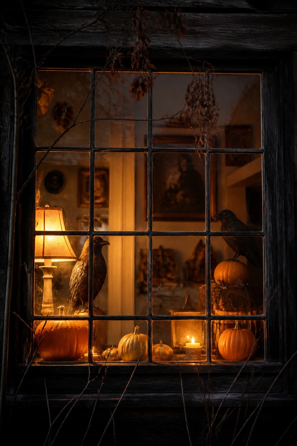 Window view showing black crows perched on orange pumpkins along the sill with a lit lamp and candle visible inside.