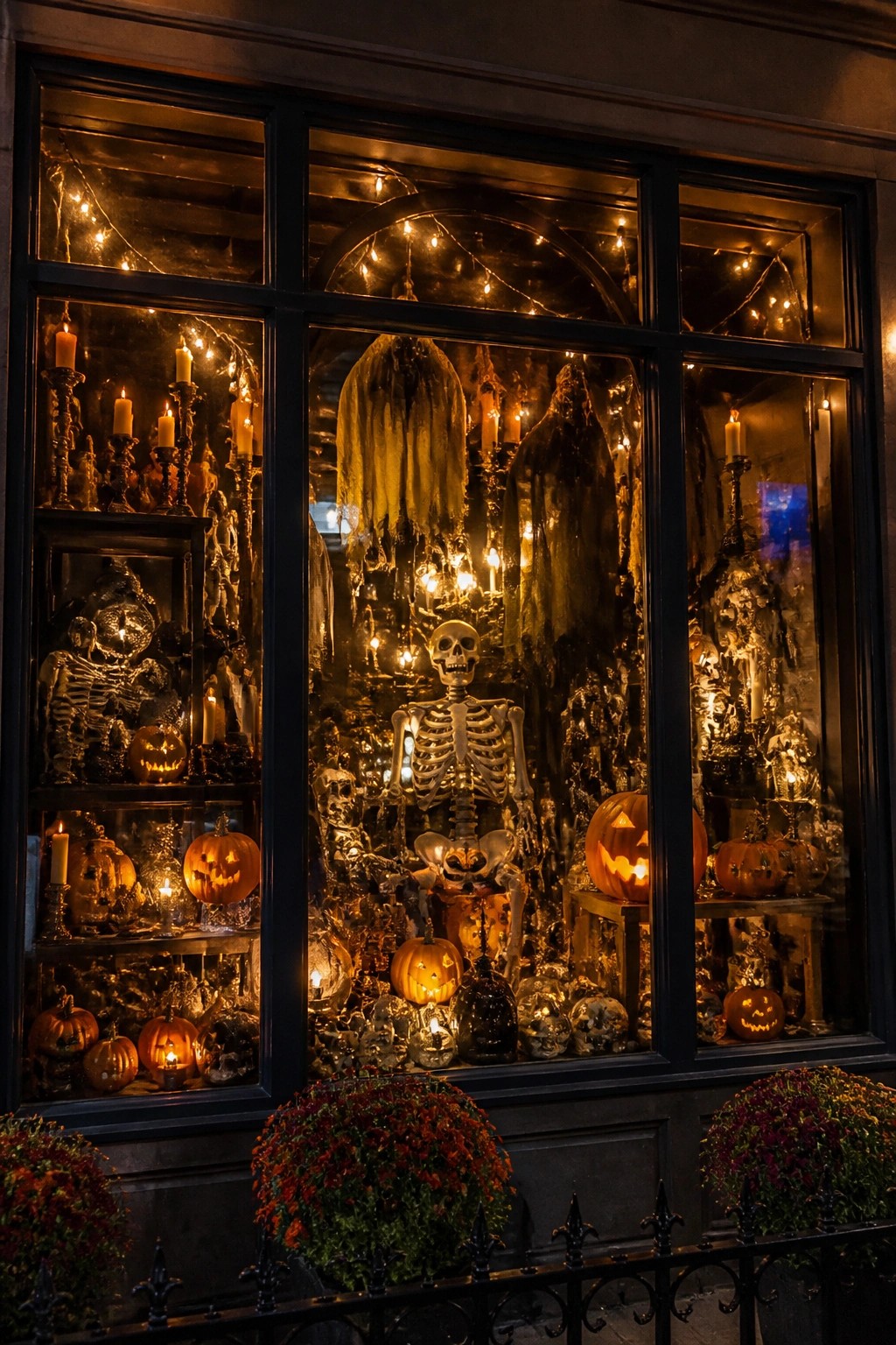 Large window display with a central skeleton surrounded by carved jack-o'-lanterns, candles, and skulls.