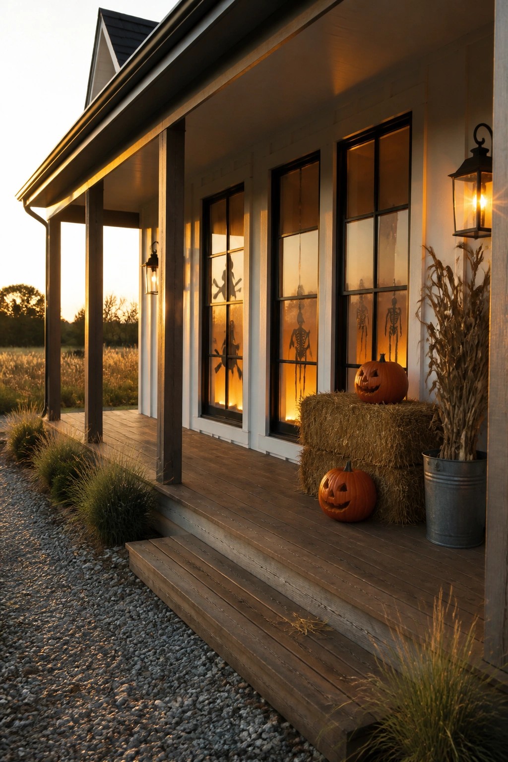 Halloween-decorated wooden porch with pumpkins, hay bales, corn stalks, and glowing skeleton windows at dusk.