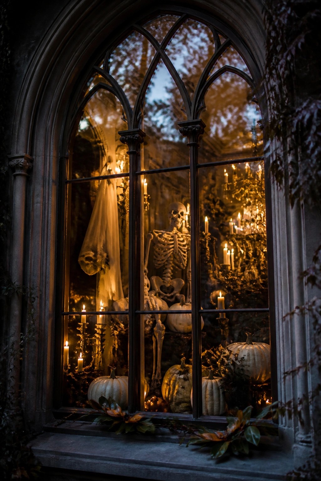 Arched window with multiple skeletons posed among lit candles and white pumpkins at night.