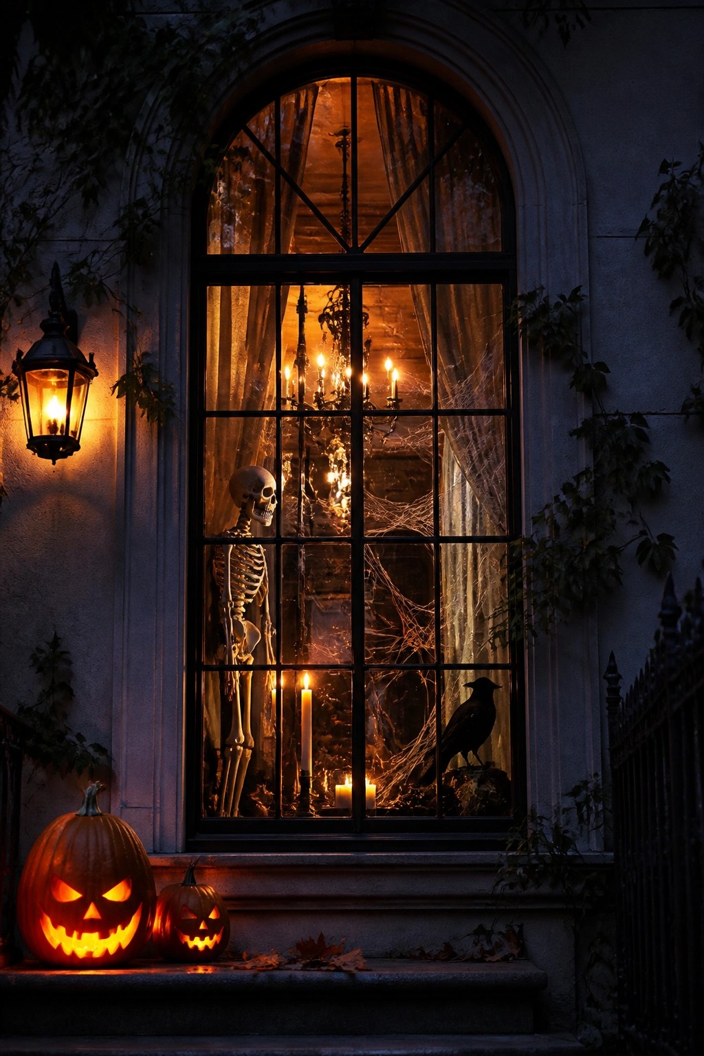 Arched window displaying a standing skeleton with spiderwebs and candles inside, plus two lit jack-o'-lanterns on the steps outside.