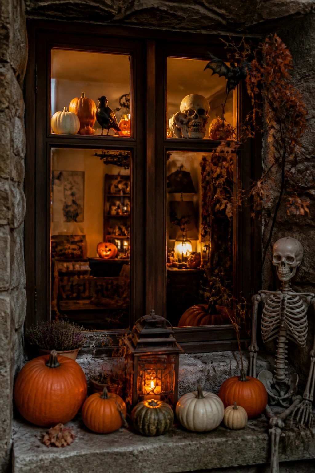 Stone window with two skulls in the top right pane, a full skeleton standing on the right, and pumpkins arranged on the sill.