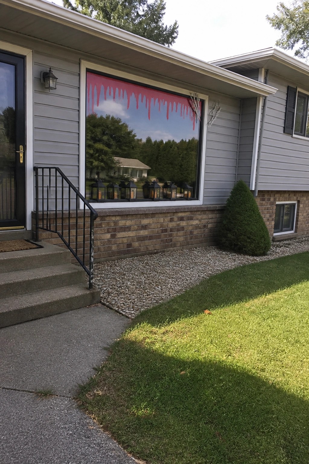 A large rectangular window on a gray house exterior has red dripping paint across the top and spider web decorations on the right side.