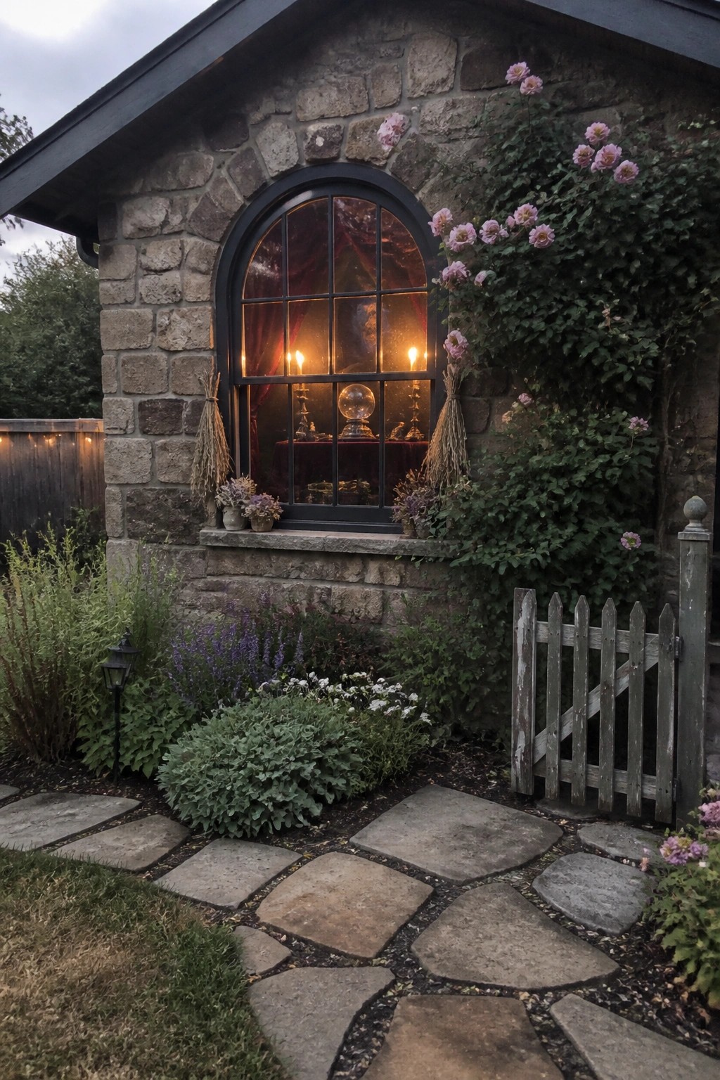 A stone house exterior at dusk featuring a large arched window lit from inside by candles, with a garden path and wooden gate in the foreground.