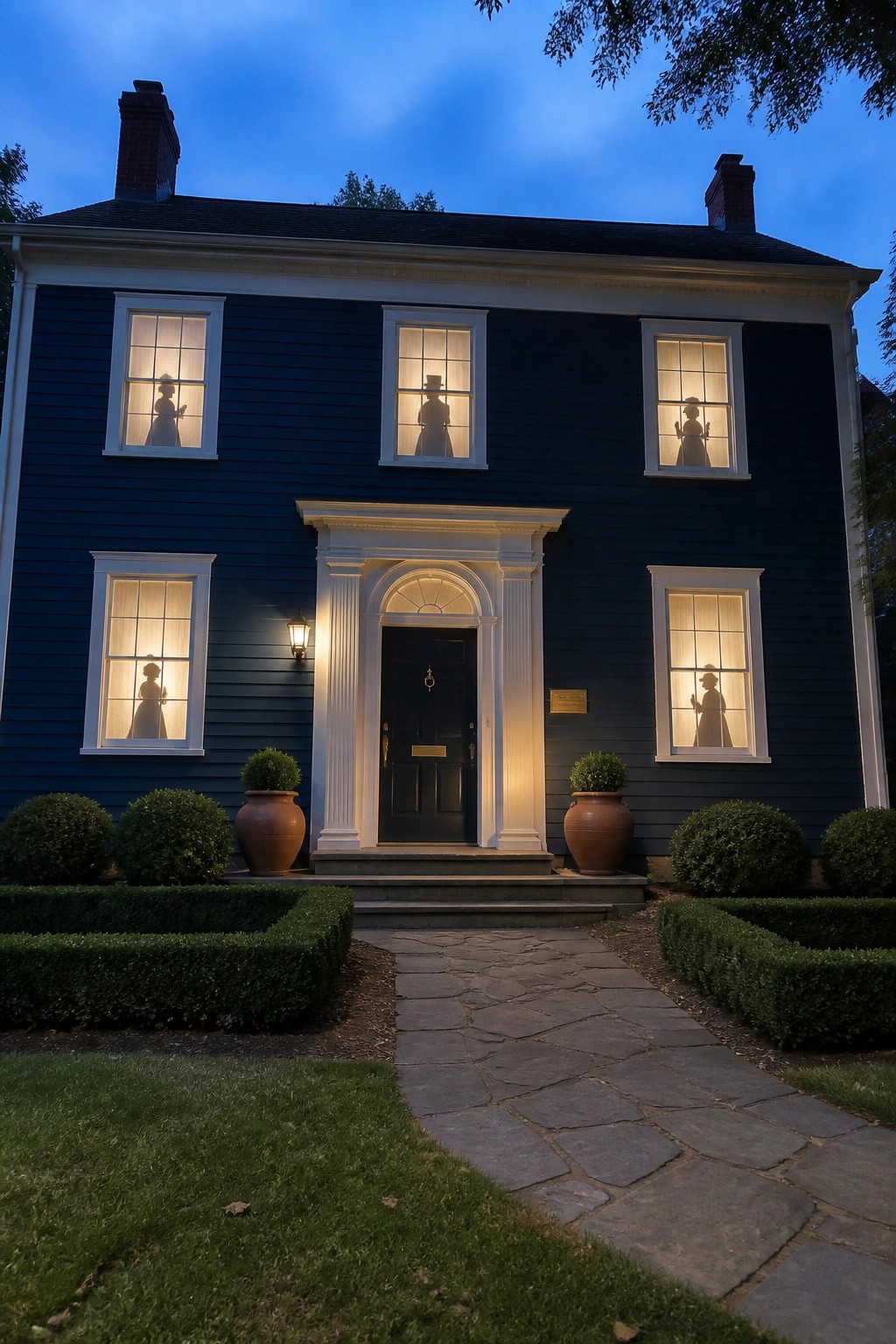 Dark blue colonial house with glowing windows showing historical silhouettes and stone path.