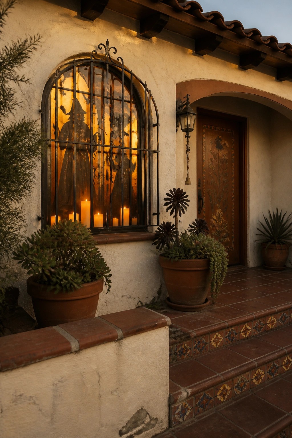 A stucco house exterior at dusk shows an arched window with black iron bars, a backlit witch silhouette, and several lit candles on the sill, beside a carved wooden door and potted plants on tiled steps.