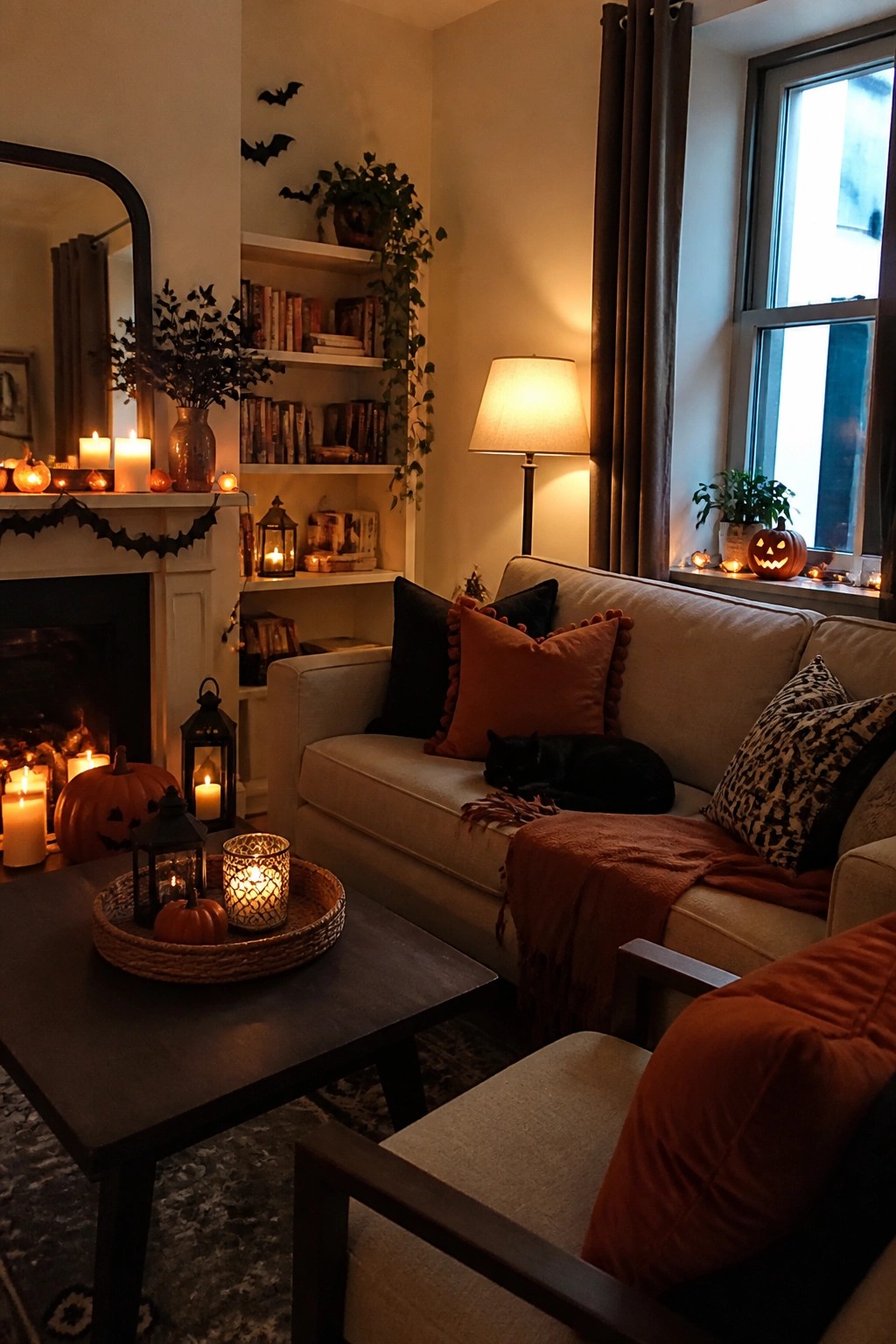 Cozy living room with Halloween decor, black cat on sofa, lit candles and pumpkins.