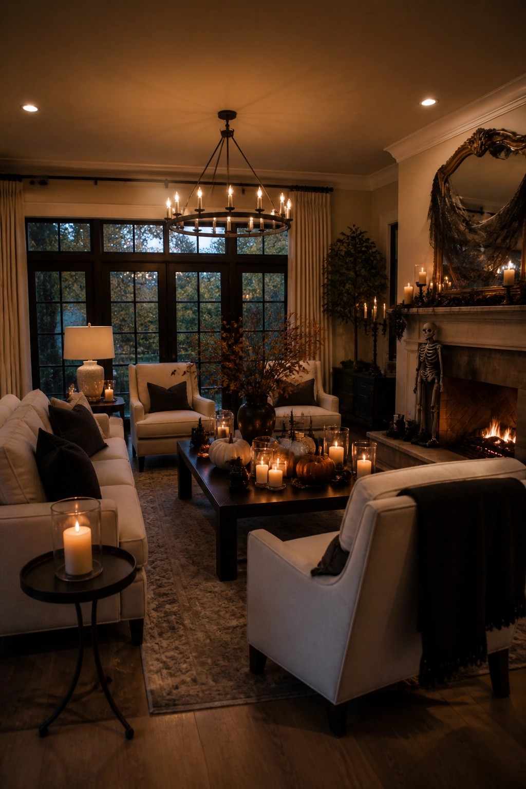 Living room fireplace with a skeleton standing on the hearth, candles, and pumpkins arranged on the mantel.