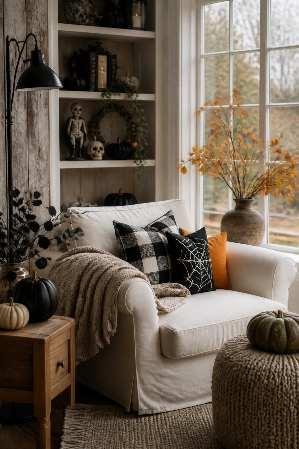 A white armchair with a black spiderweb pillow, checkered pillow, and orange pillow in front of built-in shelves holding a skeleton and skulls.