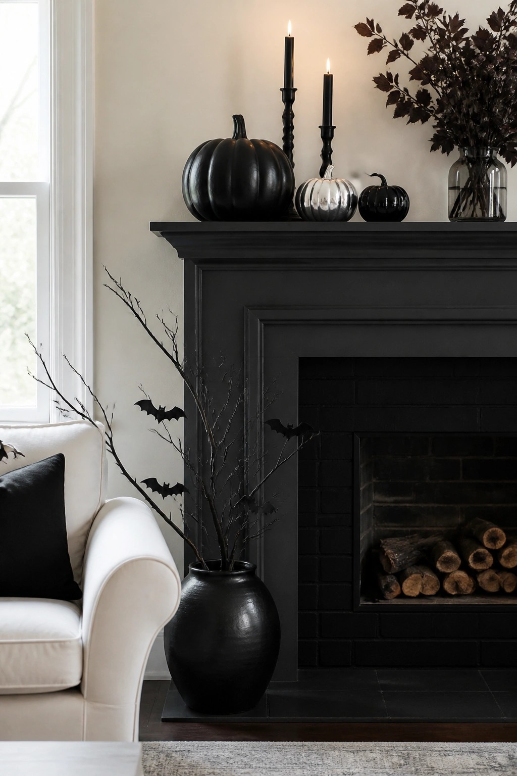 Black fireplace mantel styled with black and metallic pumpkins and tall black candles, with a large black vase holding bare branches and several black bat decorations in front.