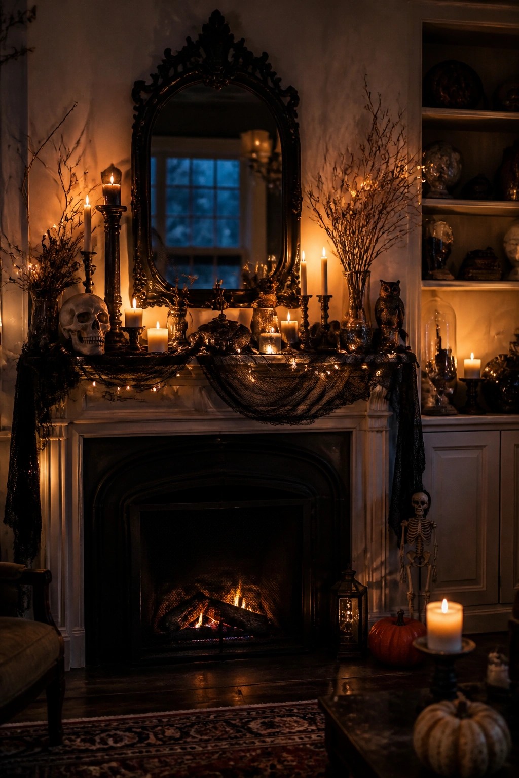 Fireplace mantel styled for Halloween with skulls, candles, black branches, and dark fabric above a lit fire.