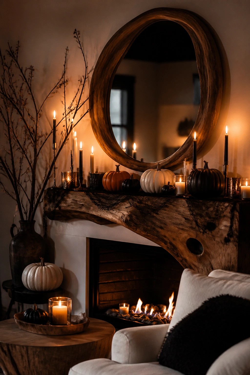 A wooden fireplace mantel decorated with orange, white, and black pumpkins, black spiderweb, and lit candles.