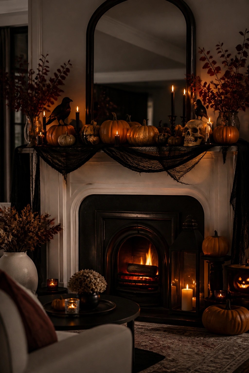 A white fireplace mantel styled with orange pumpkins, black crows, lit candles, a skull, and black gauze for Halloween.