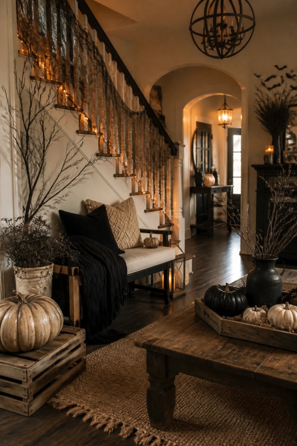 Entryway staircase decorated with dark webbing and string lights along the railing, with black pumpkins and bats visible in the background.