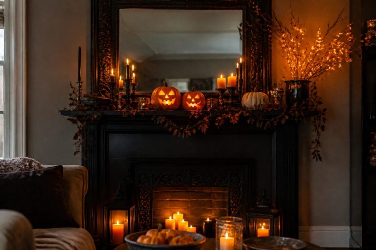 20 Cute Halloween Decor Ideas That Are More Sweet Than Scary A white fireplace mantel styled with orange pumpkins, black crows, lit candles, a skull, and black gauze for Halloween.