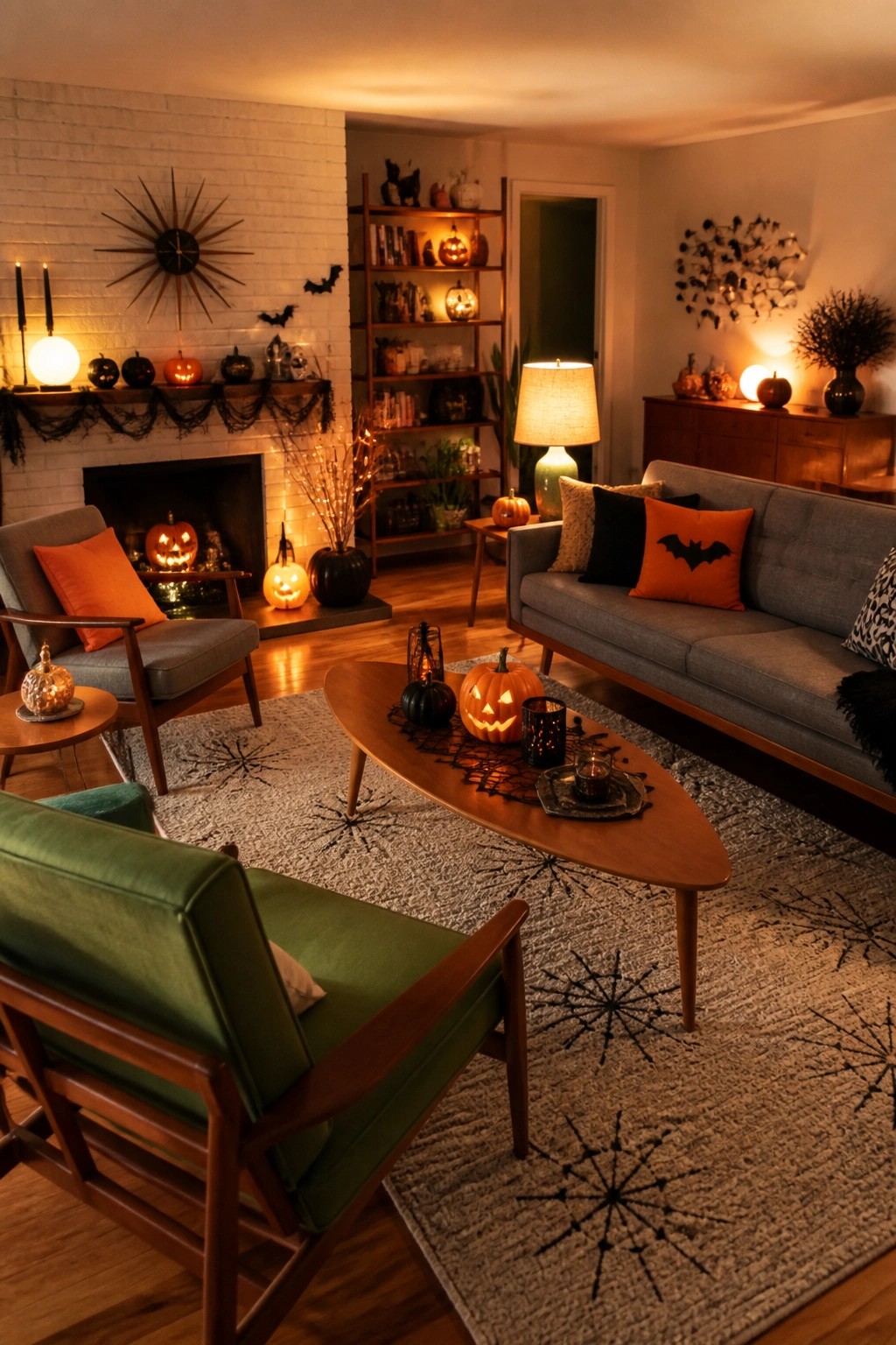 Living room with multiple lit jack o lanterns clustered on the mantel, inside the fireplace, and on the coffee table, plus small bats on the wall and an orange bat pillow on the sofa.
