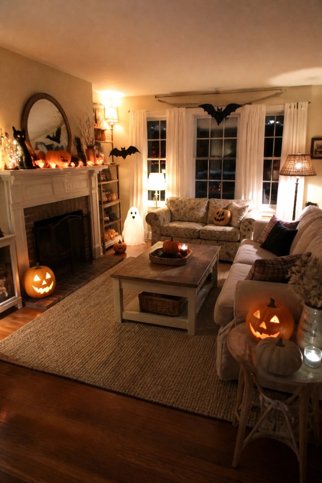 Living room with black bat decorations near the windows and mantel, a small white ghost figure, and several lit jack-o'-lanterns.