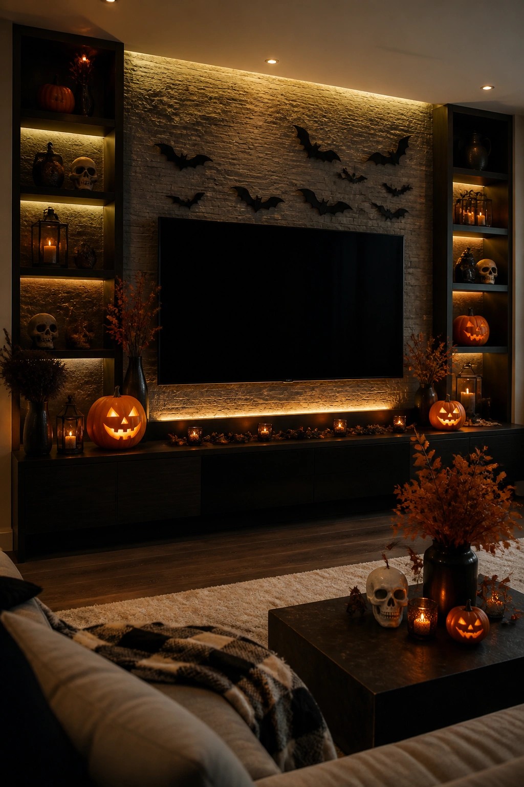 Living room TV wall with black bat decorations arranged above the screen and carved pumpkins placed on the console and shelves.