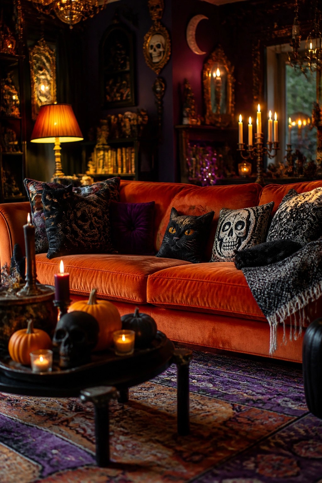 Gothic room with orange velvet sofa, skull pillows, pumpkins, and lit candles