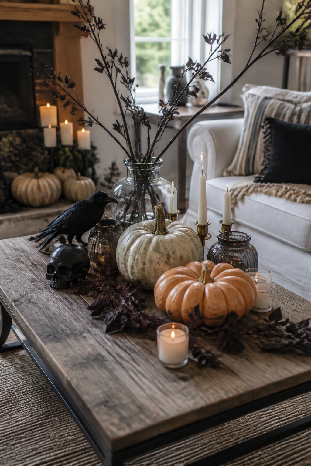 Coffee table decorated with a black crow figurine, black skull, dark branches in glass vases, and assorted pumpkins for Halloween.