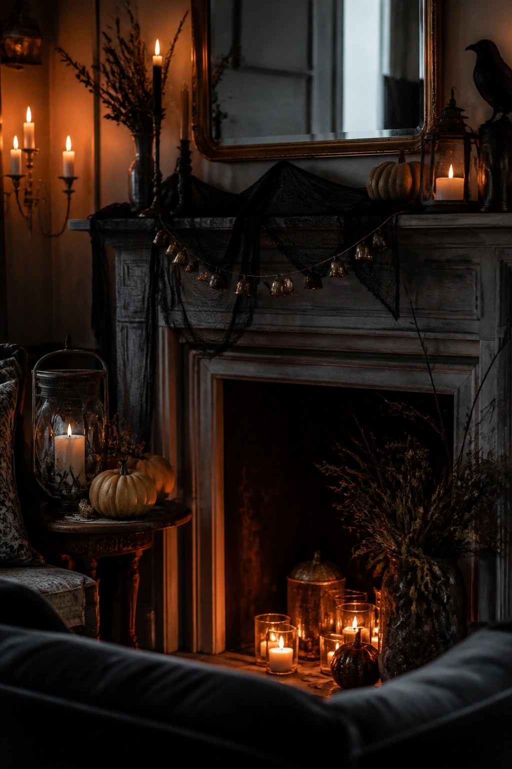A stone fireplace mantel styled for Halloween with black lace fabric, a bell garland, small pumpkins, and several lit candles.
