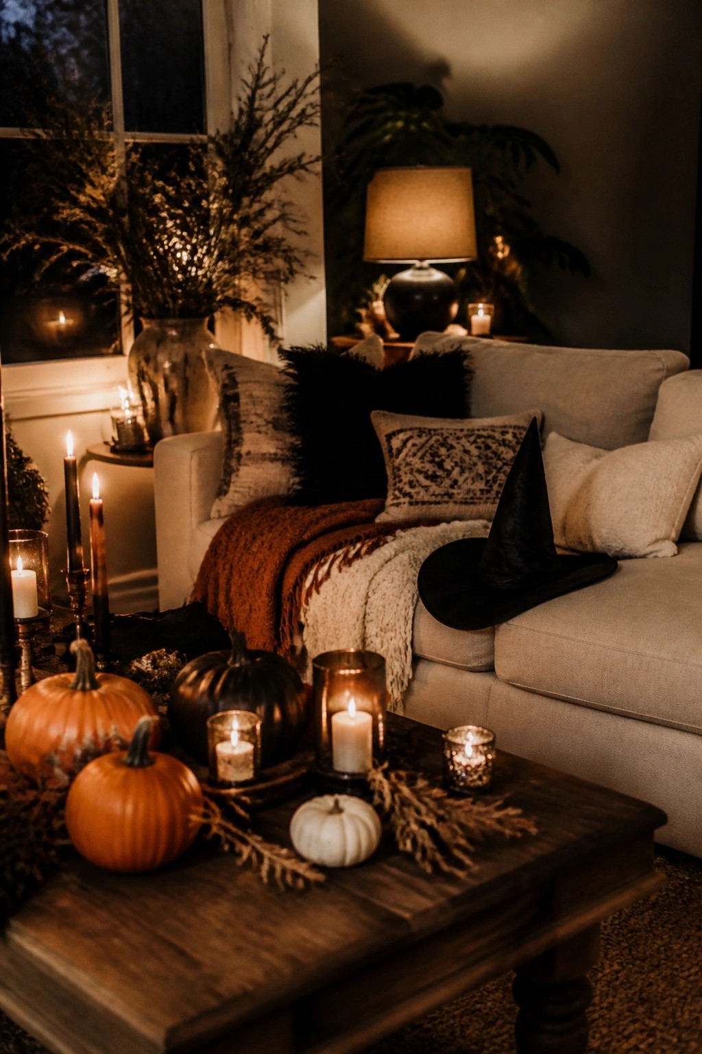 Living room scene with a black witch hat resting on a beige sofa next to patterned pillows, with pumpkins and lit candles arranged on a wooden coffee table.