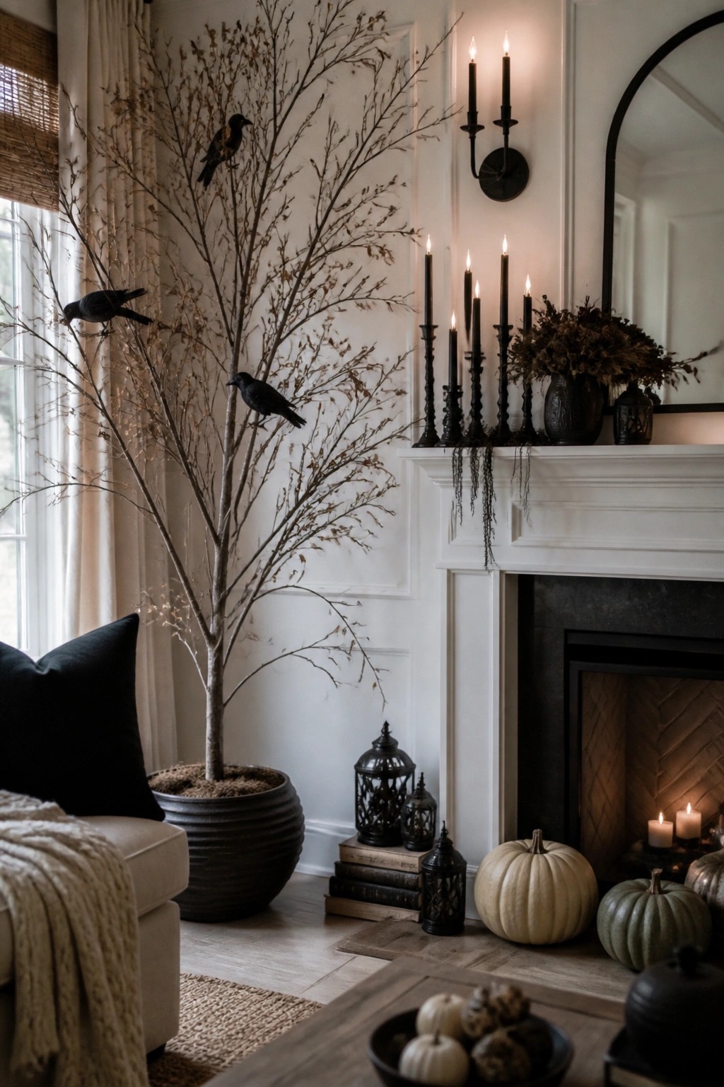 Living room fireplace mantel with black candles and dried flowers beside a tall potted branch tree decorated with black crows.