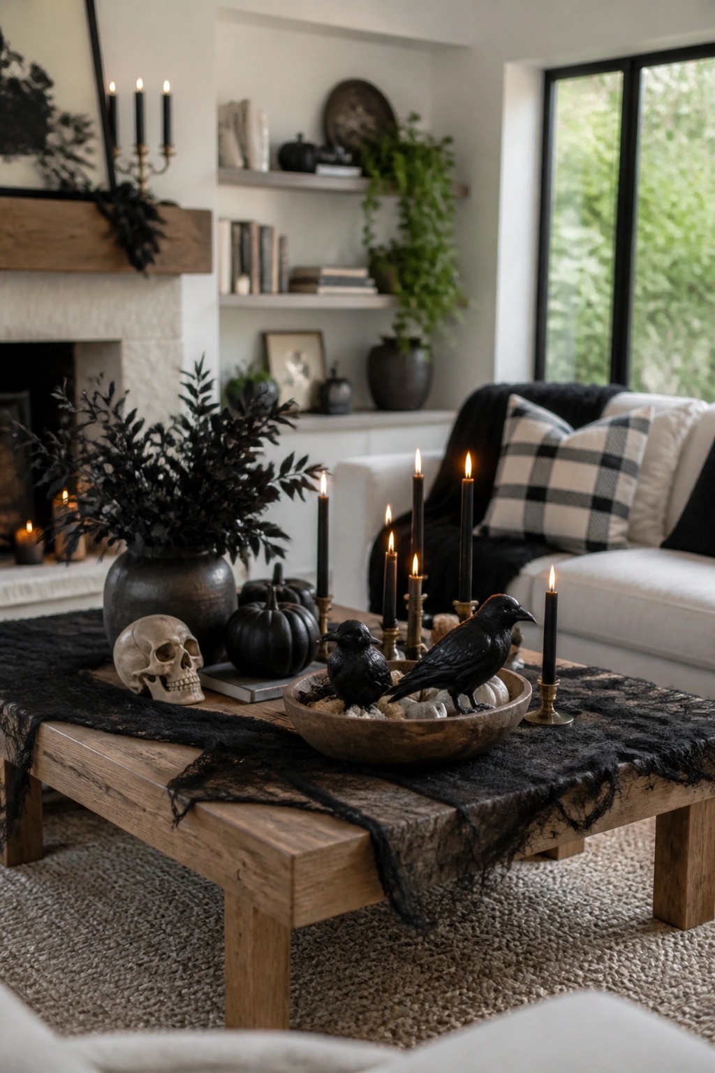 Wooden coffee table with black lace, lit candles, crows, skull, and pumpkins