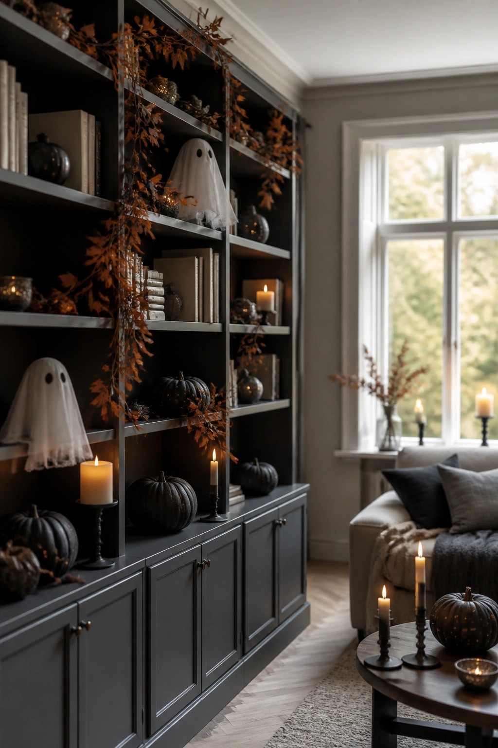 Dark built-in shelves decorated with white fabric ghosts, black pumpkins, lit candles, and orange leaf garlands.
