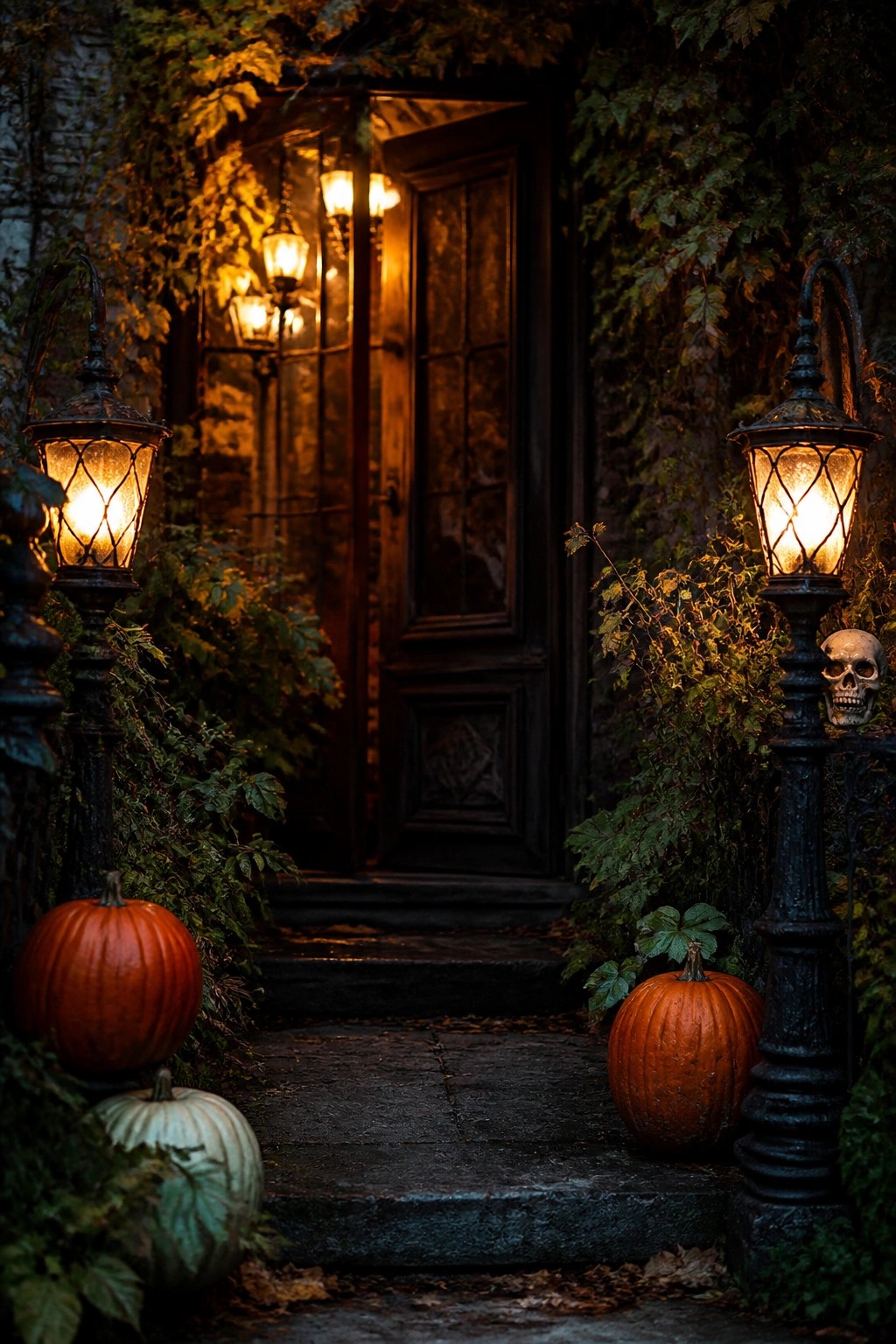 Outdoor front entry at night with two dark metal lanterns on posts, one holding a small skull, and several orange and white pumpkins placed on the stone steps.