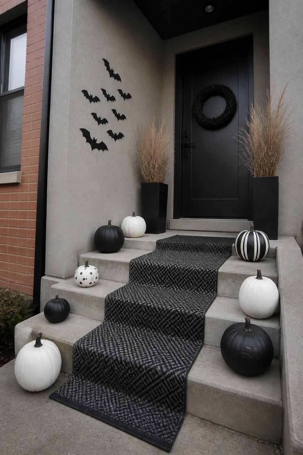 Concrete steps leading to a black front door decorated with black and white pumpkins of various sizes, a patterned black and white runner, bat silhouettes on the wall, and two tall black planters with dried grasses.