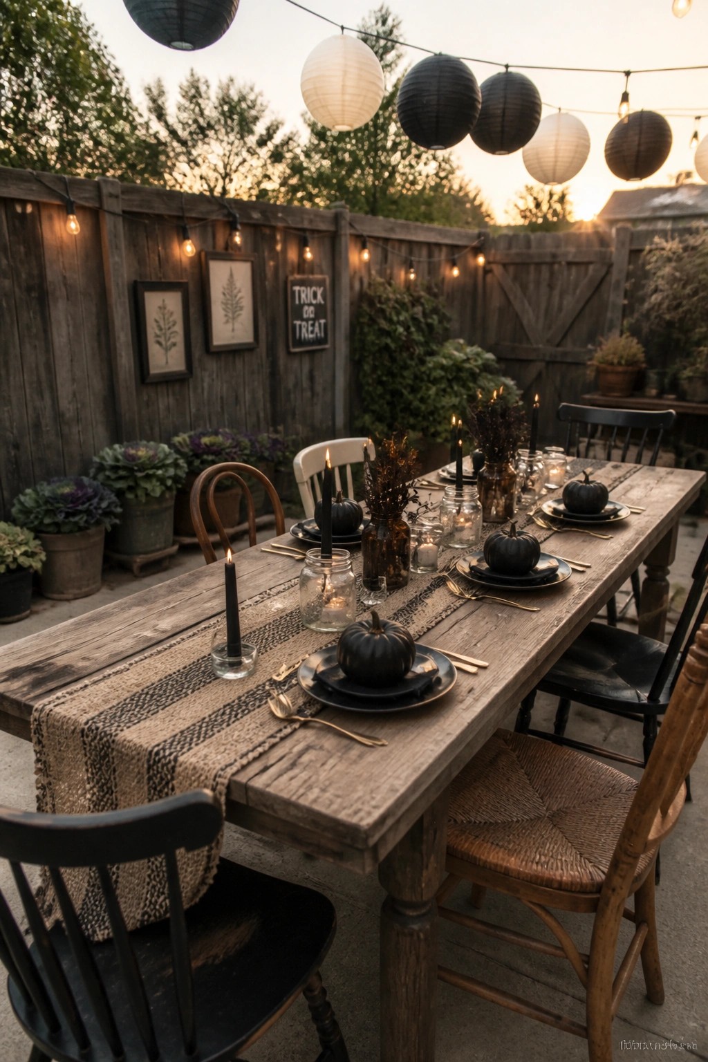 A wooden outdoor dining table decorated with black pumpkins, black plates, gold cutlery, and candles in glass jars, set against a wooden fence with string lights and paper lanterns overhead.
