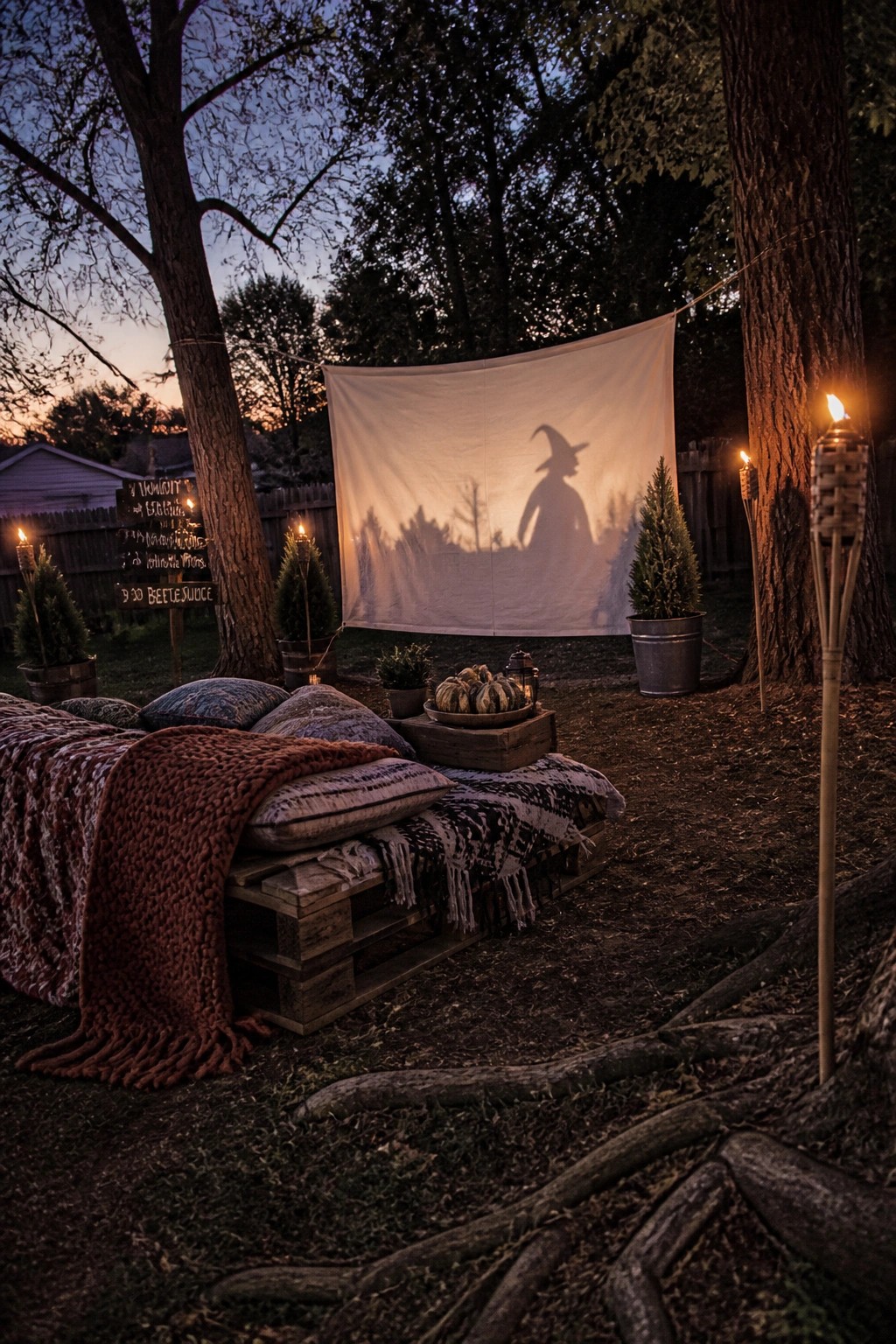A white sheet is strung between trees in a backyard at dusk, showing a large witch shadow silhouette, with pallet seating, blankets, and tiki torches in the foreground.
