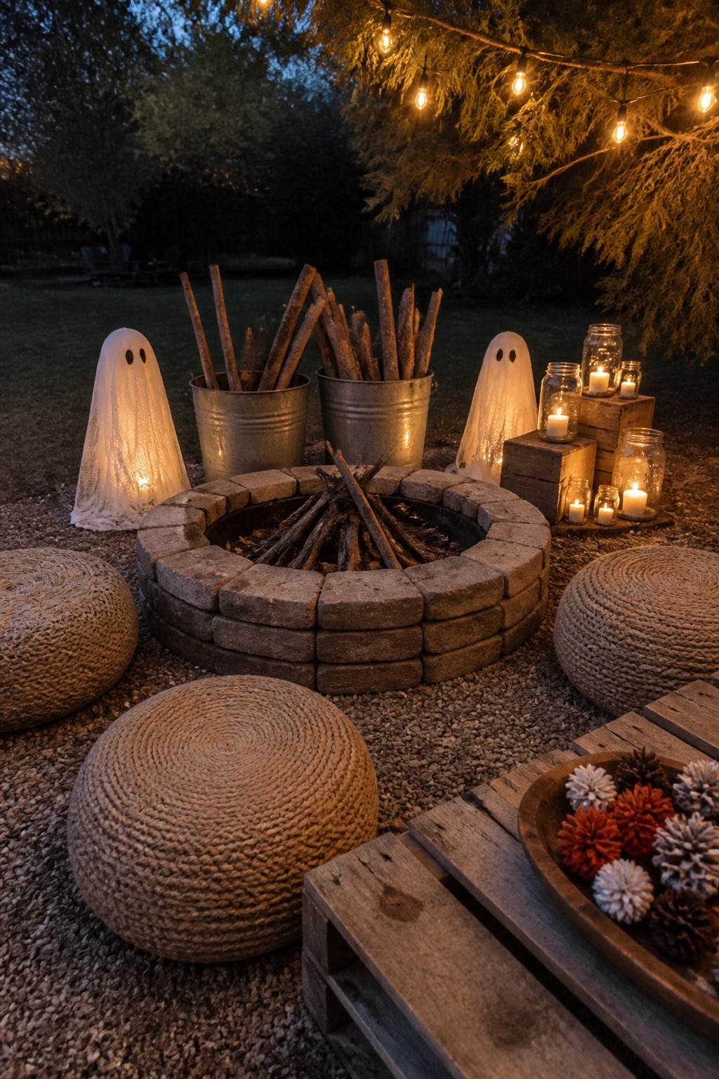 An outdoor fire pit encircled by stone blocks, with two illuminated ghost figures, metal buckets of firewood, woven seating poufs, and multiple glass jars holding lit candles on wooden crates.