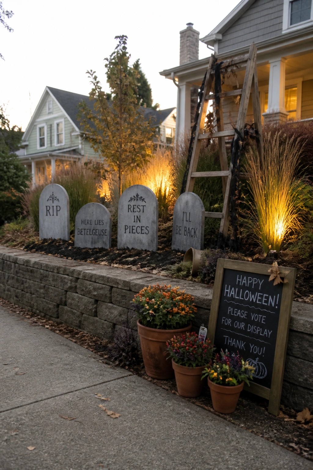 Front yard garden bed lined with four gray DIY tombstone props, potted flowers, a wooden ladder, and a chalkboard Halloween sign along a stone retaining wall.