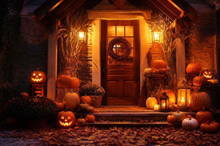 Front porch steps lined with carved jack o' lanterns, a witch hat on a stand, and autumn plants around a dark front door.
