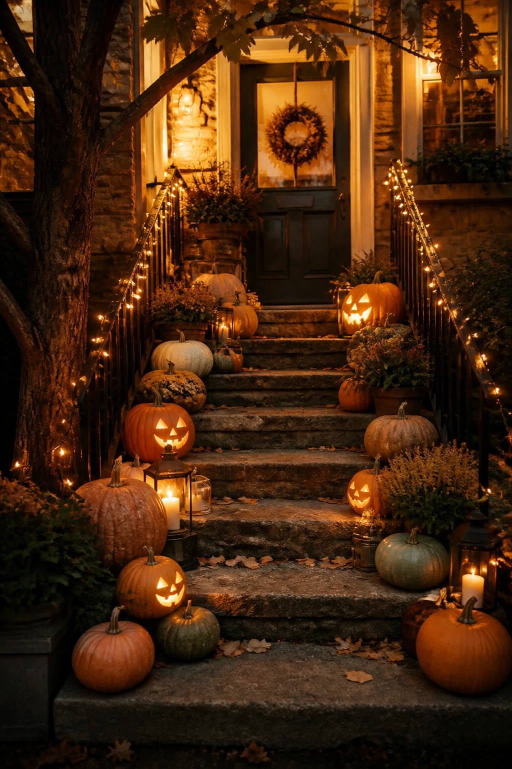 Stone stairs lined with glowing jack-o'-lanterns, string lights, and autumn pumpkins at night